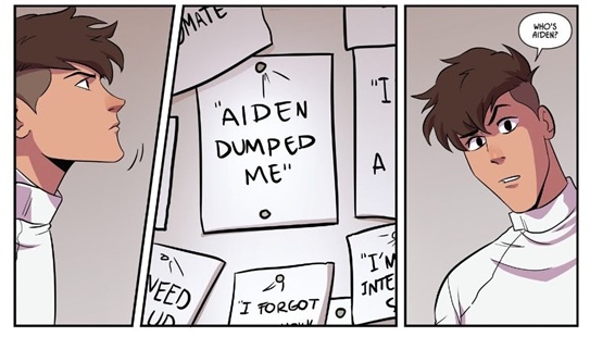 Three panels from the comic Fence. Nicholas is shown in profile, looking at a wall, which is shown to have a number of paper notes pinned to it. One of them reads, Aiden dumped me. In the final panel, Nicholas asks, Who's Aiden?