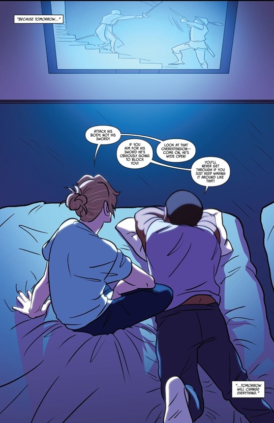 Aiden and Harvard are relaxing on a bed in their shared dorm, wearing sleeping clothes. Aiden is sitting up with his hair tied in a bun, his knee close to Harvard's back. Harvard is lying on his stomach on a pillow, his T-shirt riding up a little. Both are criticising the swordplay in a film that plays on a screen in front of them, which appears to be a Robin Hood adaptation.